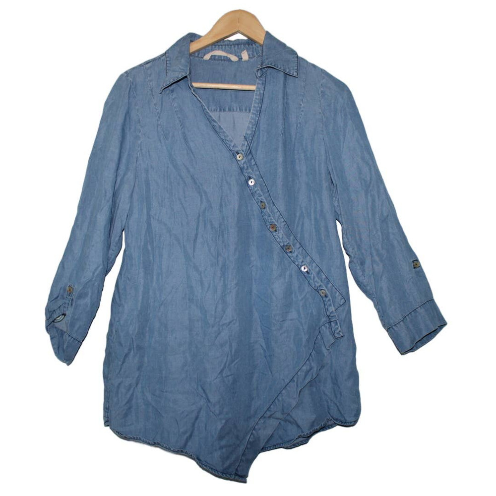 Womens Soft Surroundings Blue Denim Long Sleeve Button Down Shirt Top Size Small